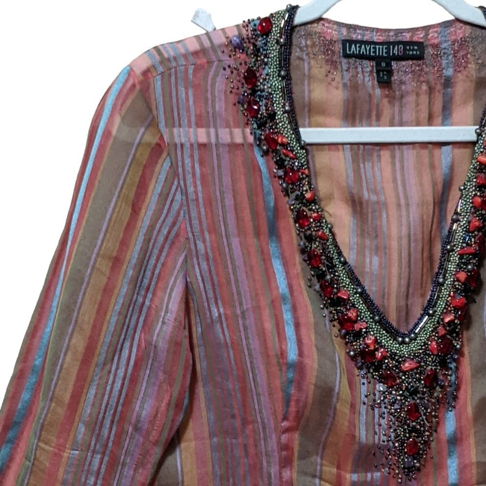 Lafayette 148 NY striped silk cotton blend heavily beaded yoke sheer blouse 8 - Picture 8 of 11